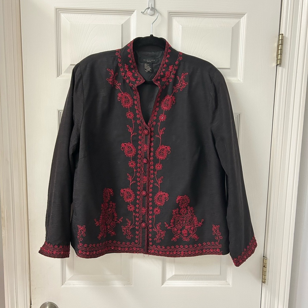 SilkLand Black  Silk Jacket with Red Embroidery Detailing